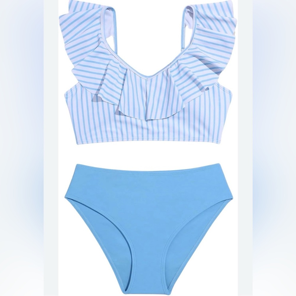 Striped White and Light Blue Ruffle Bikini Set